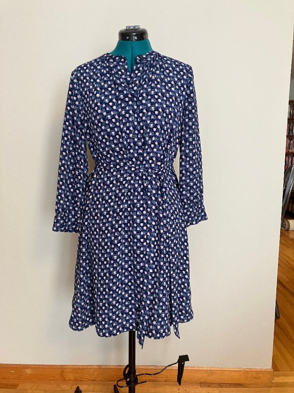 GAP Navy, Pink, White Floral Long-Sleeve Shift Dress, Size Small